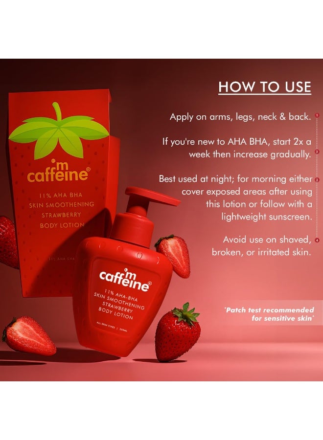 mCaffeine 11% AHA BHA Strawberry Body Lotion for Skin Smoothening | Gently Exfoliates Dead, Dry, Even Tones Skin | 72hr Moisturization | Juicy Strawberry Scent, For Men & Women-200ml - Image 2